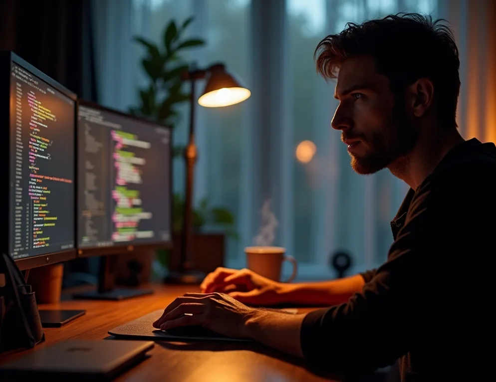Focused software developer working late in dimly lit home office