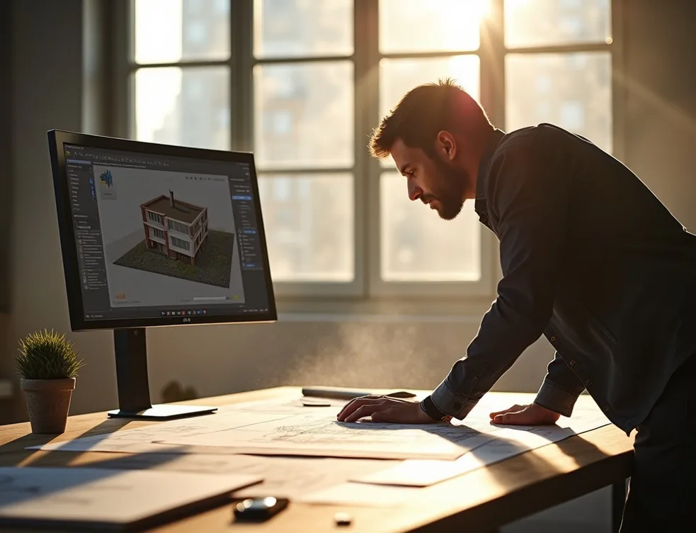 Architect in sunlit studio leaning over a large drafting table with blueprints