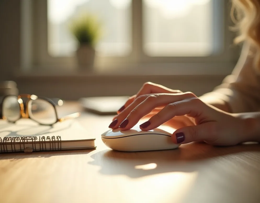 Close-up of a woman hand gripping a cream colored vertical ergonomic mouse