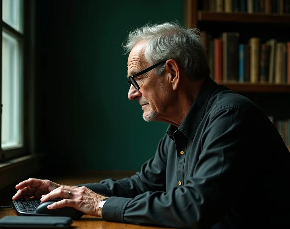 Elderly retired engineer with reading glasses gently using a vertical ergonomic mouse