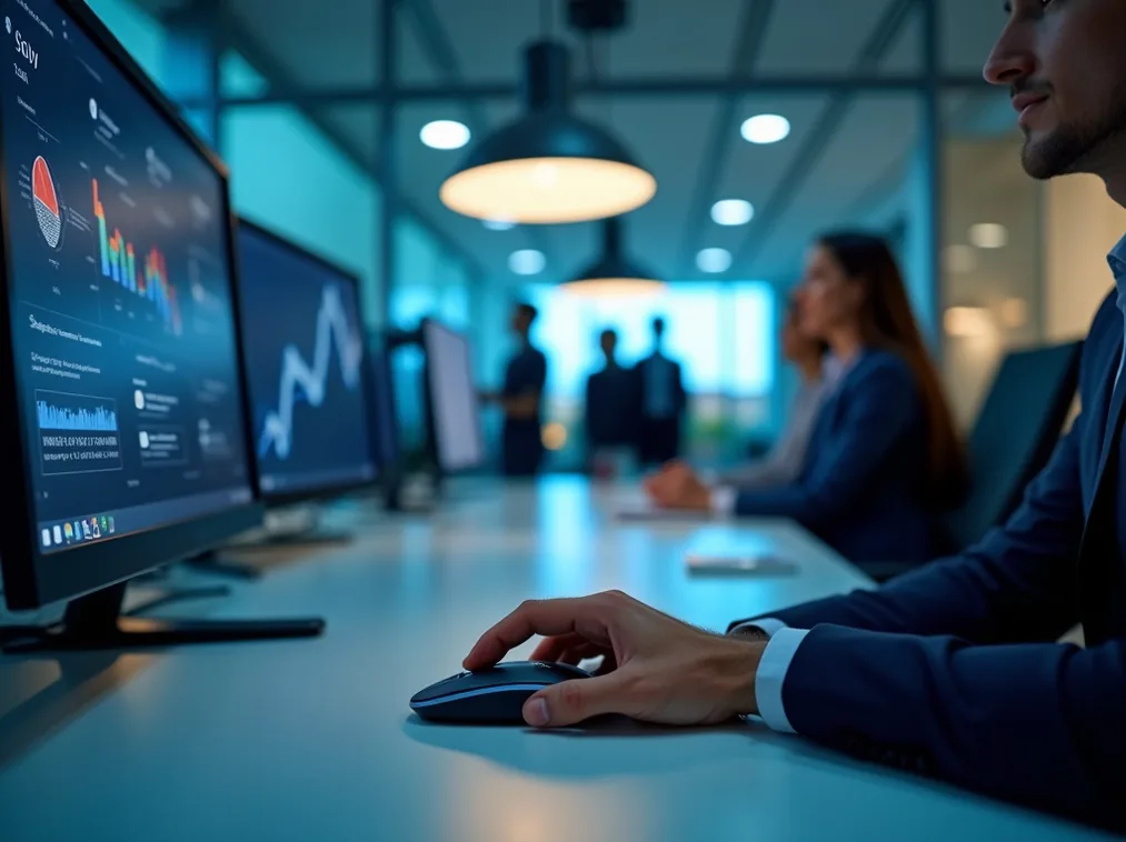 Busy executive in a glass walled conference room using a mouse