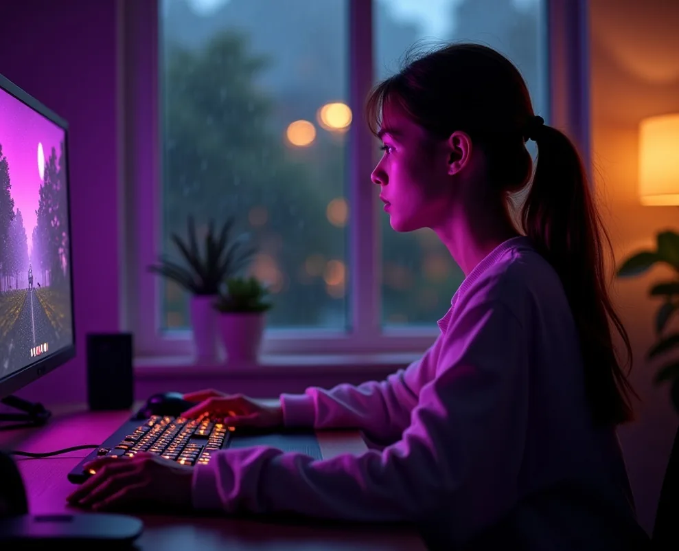 Young woman with long hair working at cozy apartment workspace in evening atmosphere