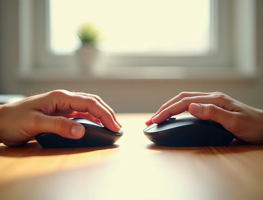 Side by side comparison of two hands on sunlit wooden desk showing strain difference