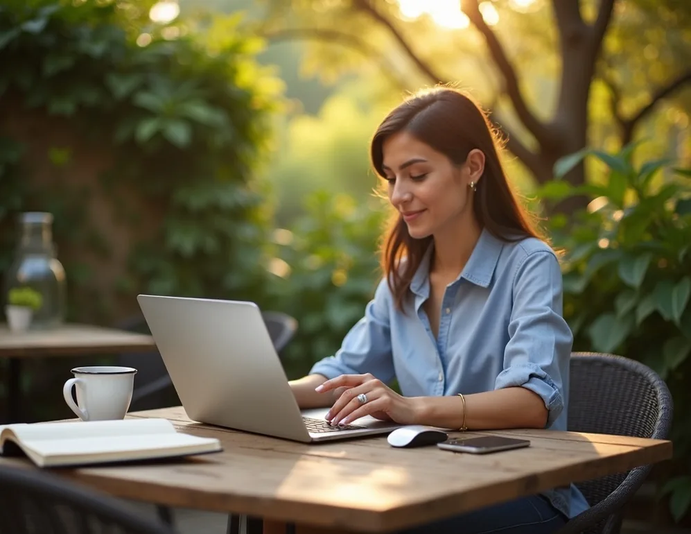 Freelance journalist at outdoor terrace cafe working on laptop with compact vertical mouse