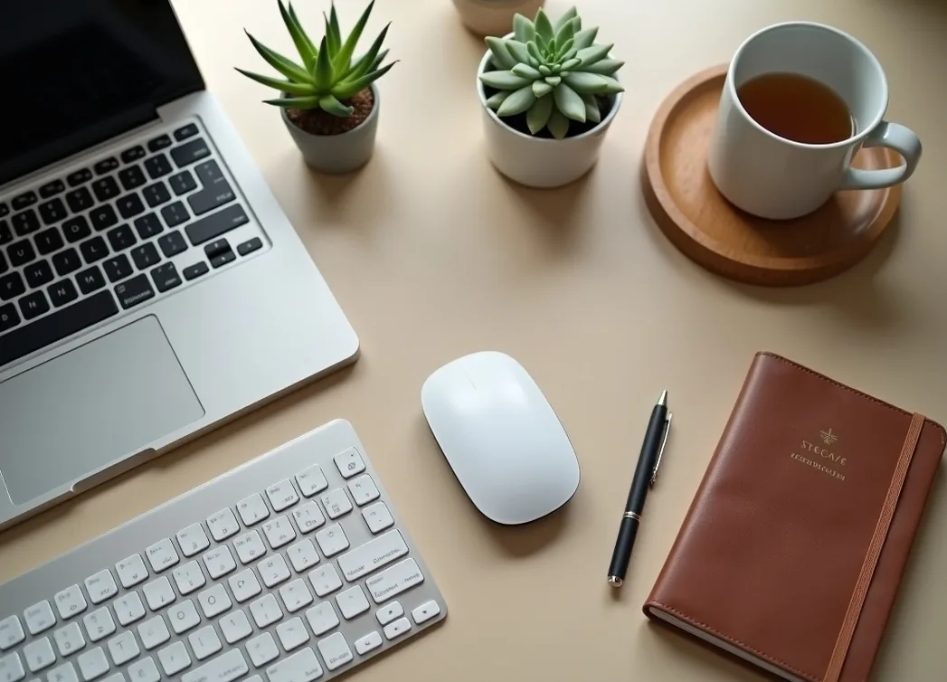 Overhead top down view of organized minimalist workstation with compact vertical mouse
