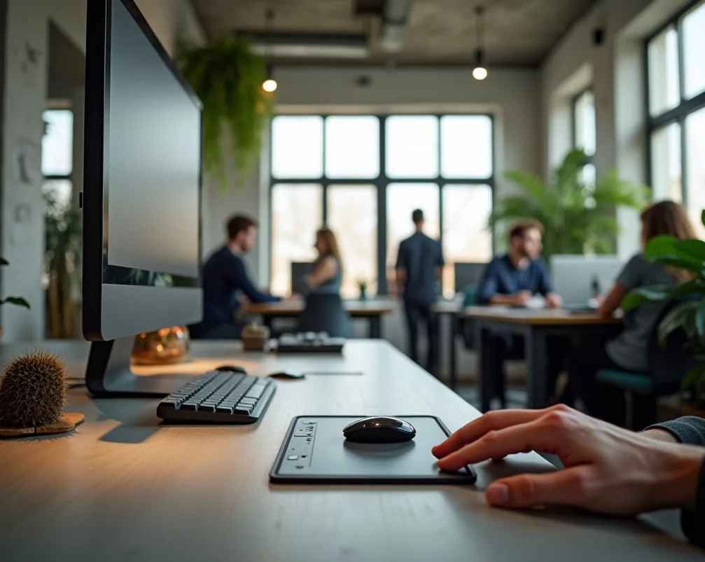 Modern bright Berlin coworking space with several creative professionals at standing desks