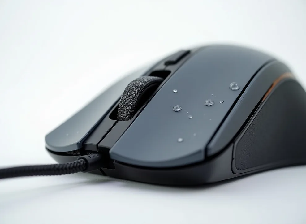 Wired vertical ergonomic mouse in graphite gray with silent click switches extreme close-up
