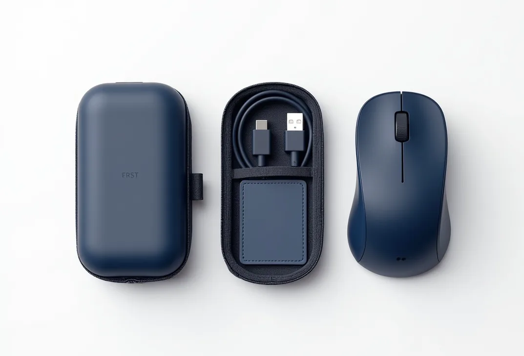 Compact mini vertical mouse in navy blue with travel case and accessories group shot