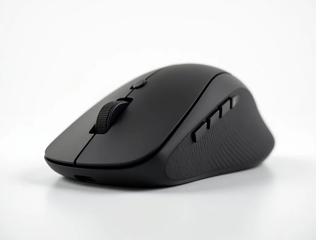 Sleek black vertical ergonomic mouse with matte rubberized finish at 57 degree angle