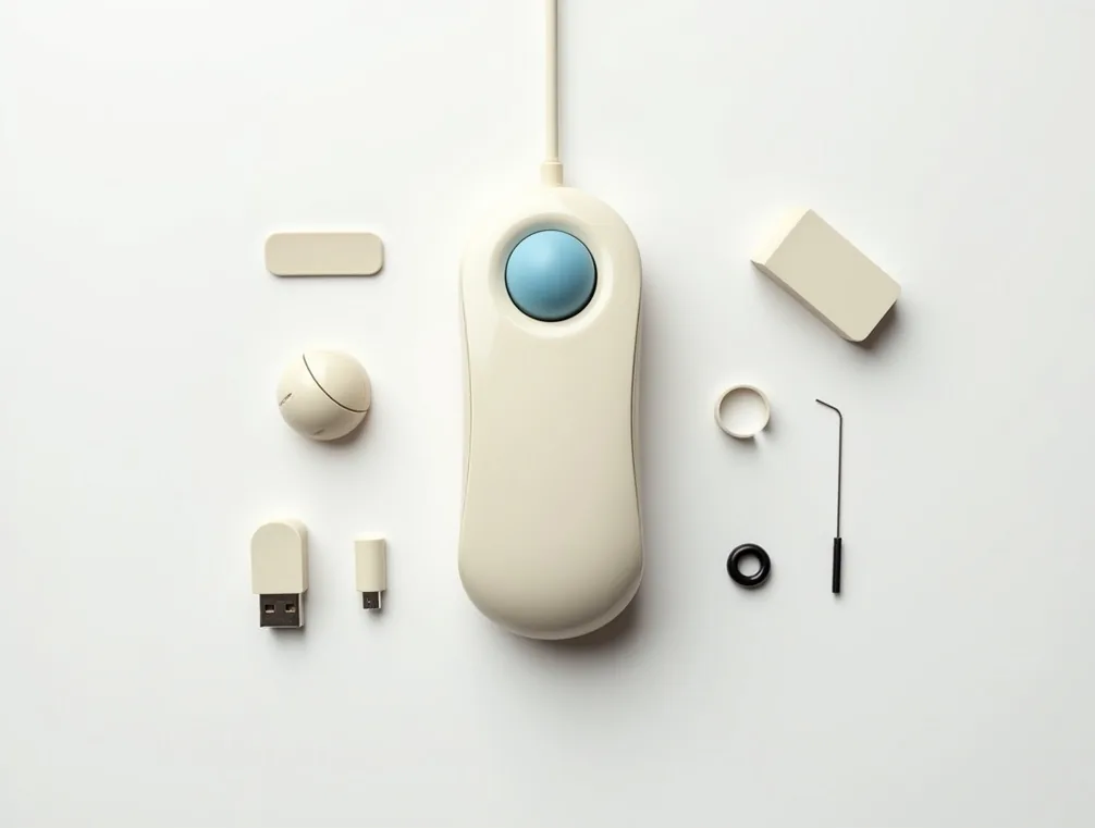 Vertical trackball mouse in cream beige with large blue thumb ball top-down flat lay